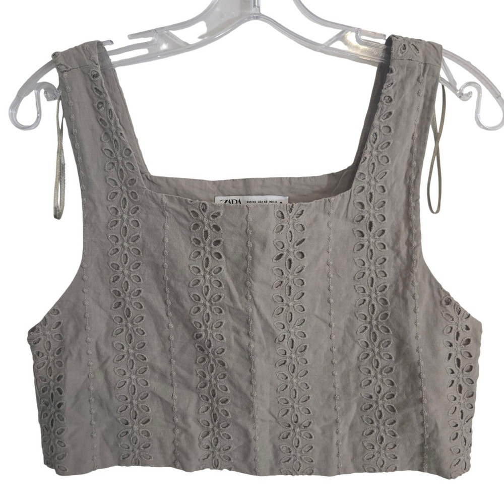 Zara Eyelet Embroidered Crop Top Women's XS Taupe Boho Square Neck